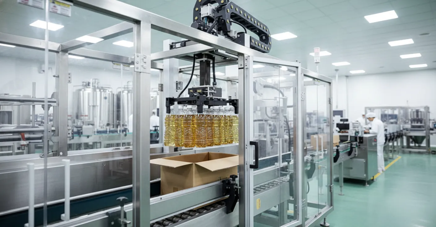 Hightech-automatisierte Kartonverpackungslinie von CasePackerPro mit Roboterarmen zur Handhabung von Flaschen und Beuteln