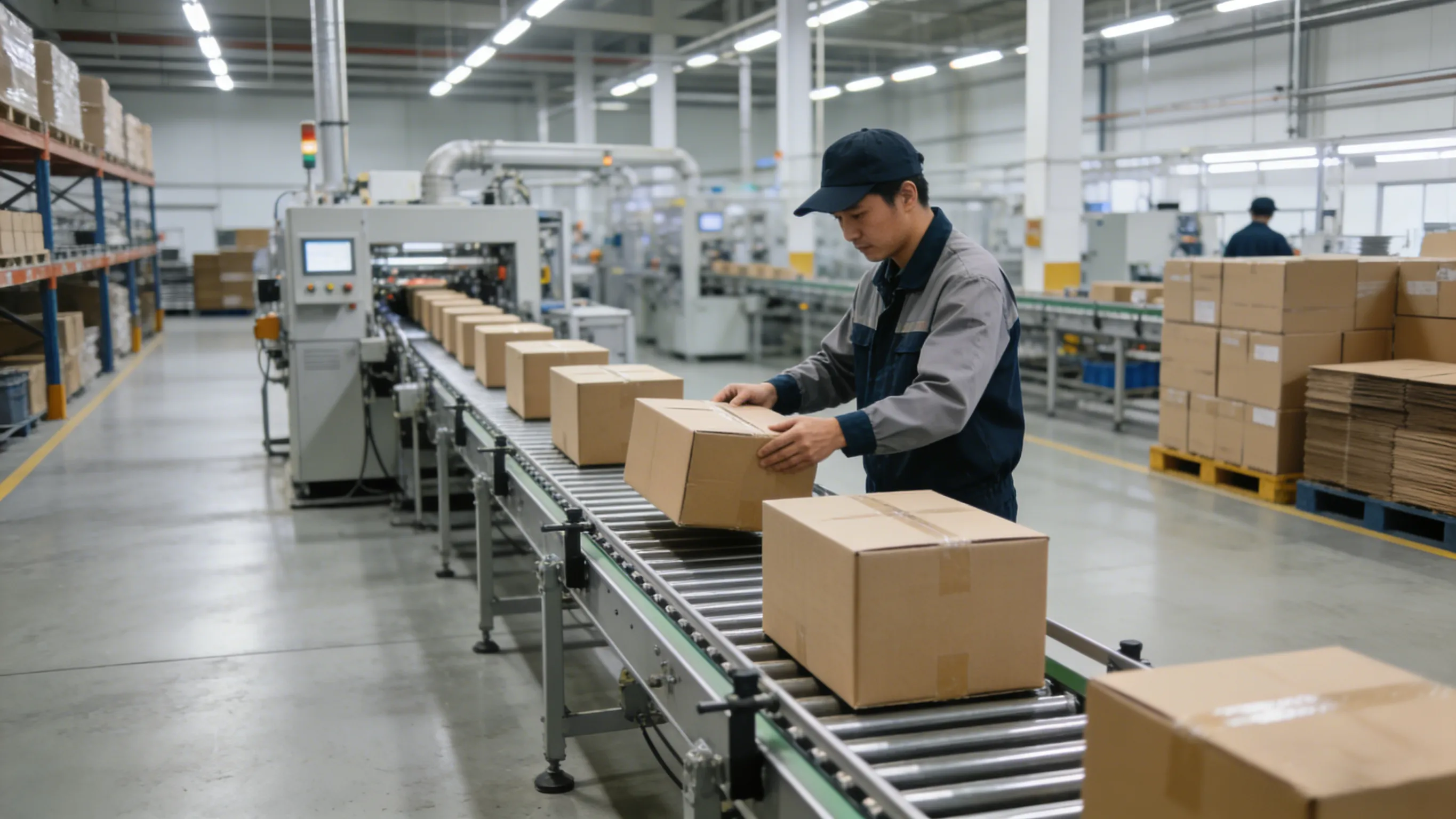 Saubere moderne Verpackungswerkstatt mit Förderbändern und ordentlicher Produktionslinie