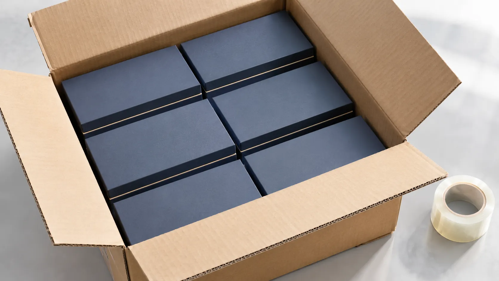 Roboterarm mit Vakuumsaugern verpackt Premium-Geschenkboxen in einen Wellpapp-Versandkarton.